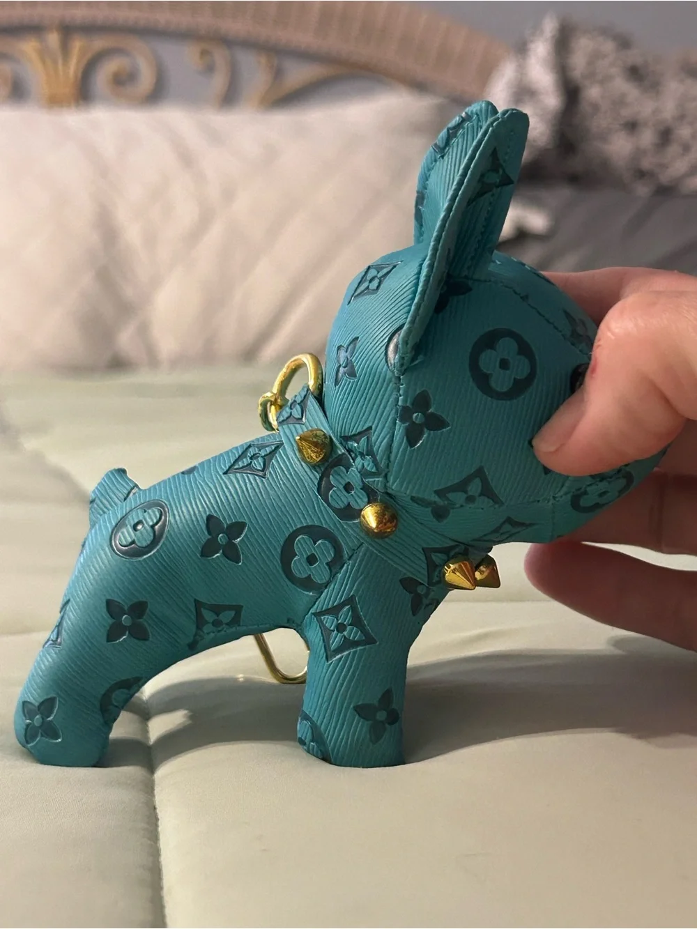 & Other Stories Teal Embossed Dog Key/Card Holder with Gold Studs